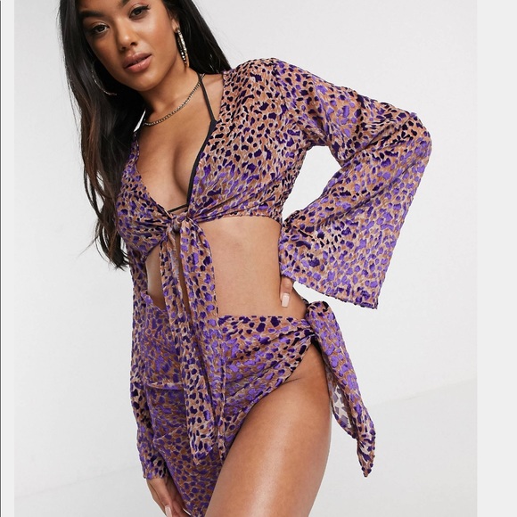 ASOS Other - ASOS Animal Print Purple Velvet Burnout Beach Tie Front Top & Sarong Set